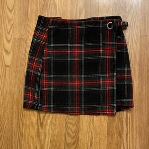 miami Black and Red Plaid Wrap Mini Skirt with Buckle